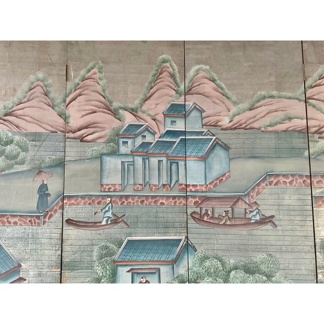Antique Chinese Export Six Panel Watercolor Floor Screen, Hand-Painted For Sale - Image 10 of 12