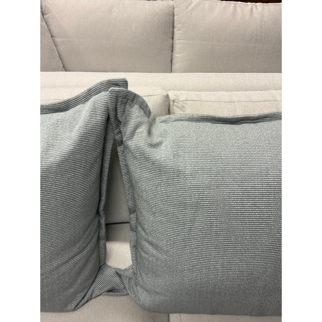 Striated Blue With White Ticking Stripe Throw Pillows, Set of Three For Sale - Image 10 of 12