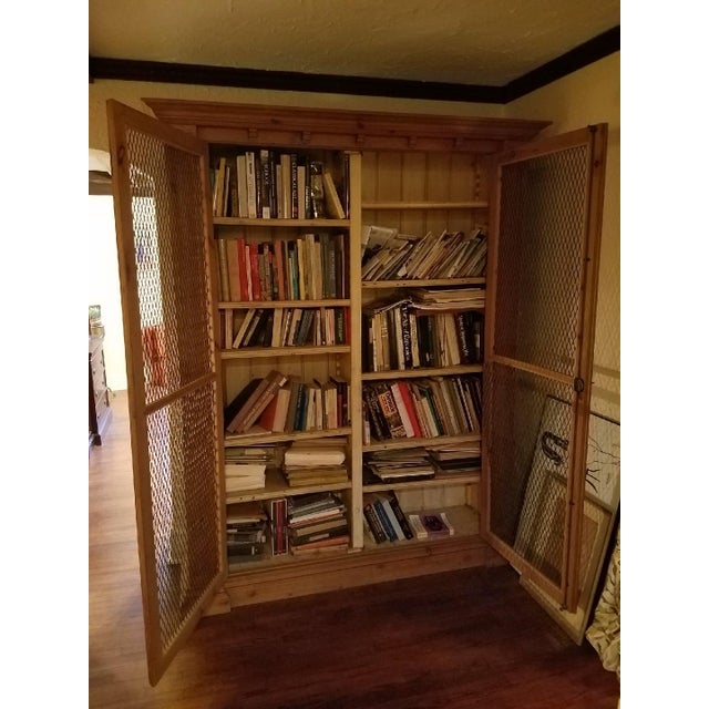 English Grand Antique Pine Bookcase With Double Screened Doors For Sale - Image 3 of 4