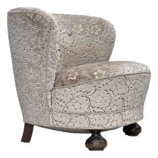 Danish Curved Armchair in Light Green-Gray Furniture Velour, 1970s For Sale