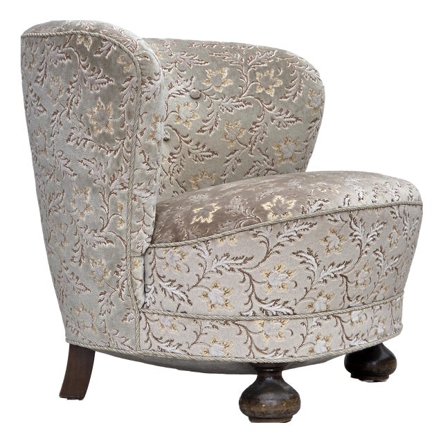 Danish Curved Armchair in Light Green-Gray Furniture Velour, 1970s For Sale