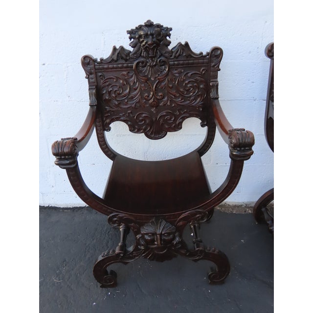 Late 1800s Gothic Heavy Hand Carved Throne His and Hers Curule Chairs 6570d For Sale - Image 15 of 18