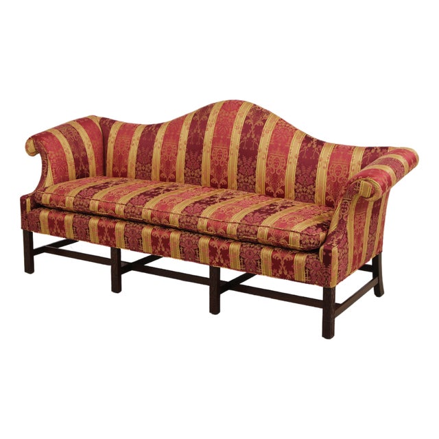 Vintage Camelback Damask Upholstered Sofa For Sale