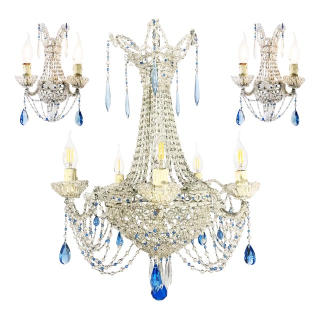 Crystal Chandelier and Sconces, Italy, 1970s, Set of 3 For Sale