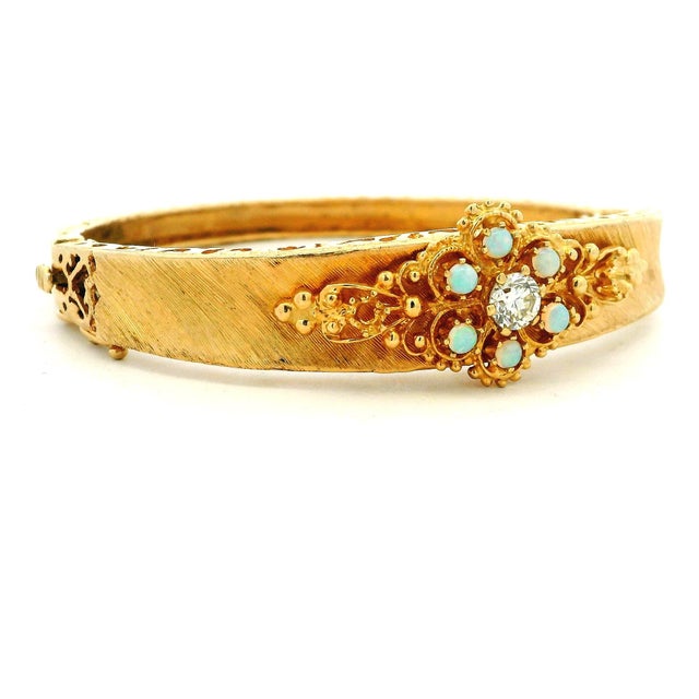 Mid-Century Modern Vintage 14k Gold Diamond and Opal Hinged Bangle Bracelet For Sale - Image 3 of 12