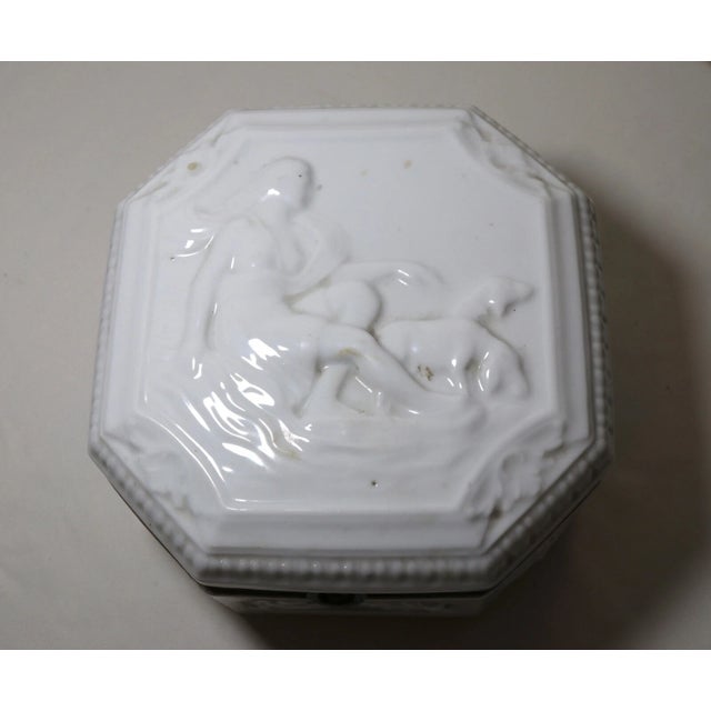 Figurative Large Antique Porcelain Figural Dresser Vanity Relief Casket Jewelry Box Jar For Sale - Image 3 of 12