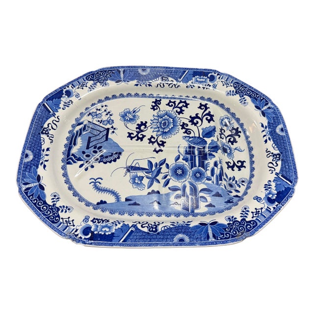 Antique Spode Pearlware Blue Transfer "Bird & Grasshopper" Chinoiserie Tree in the Well Meat Platter, Circa 1820 For Sale