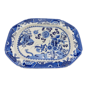 Antique Spode Pearlware Blue Transfer "Bird & Grasshopper" Chinoiserie Tree in the Well Meat Platter, Circa 1820