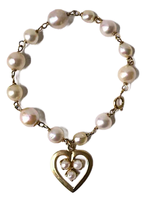 Charm Bracelet Pearl and Gold Heart, Circa Mid-20th Century