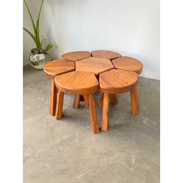 Flower Coffee Table Set with Elm Tripod Stools, 1950s, Set of 7 For Sale - Image 10 of 18