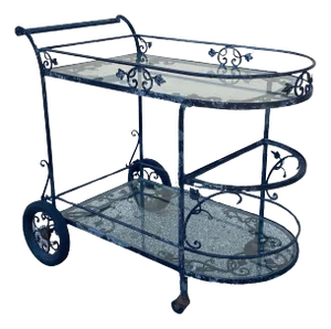 Vintage Woodard Wrought Iron Leaf & Vine Curved Glass Garden Patio Bar Tea Cart