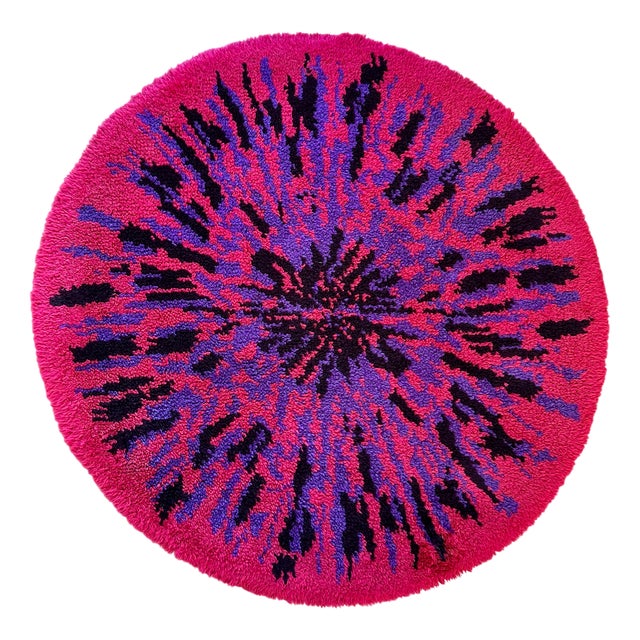 Vintage Scandinavian Round Wool High-Pile Rug, 1970s For Sale