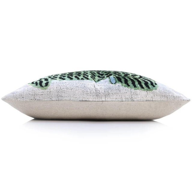 Handmade Green Tiger Velvet Lumbar Pillow 16x24 – Artisan Silk Cushion With Blue Accents For Sale - Image 4 of 8