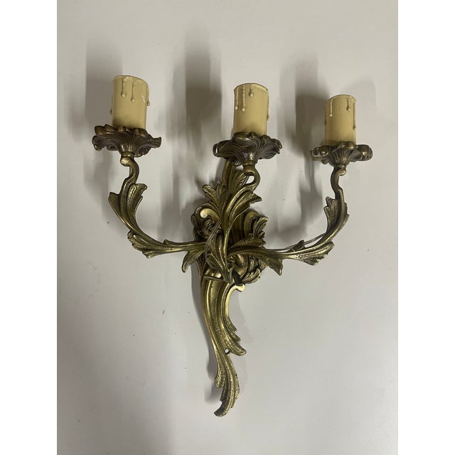 Rococo Vintage Gilt Bronze Rococò Style Three-Arm Wall Sconces— Set of Eight For Sale - Image 3 of 8