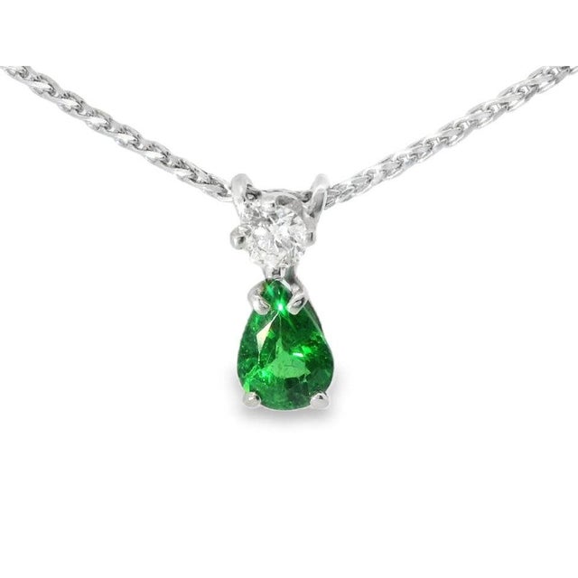 Mid-Century Modern Mid 20th Century 14k White Gold Pear Emerald Diamond Drop Pendant Necklace Estate For Sale - Image 3 of 4