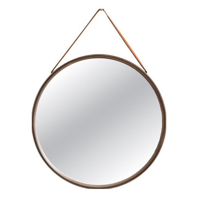 Round Mirror with Dark-Stained Oak Frame attributed to Uno & Östen Kristiansson, 1950s For Sale