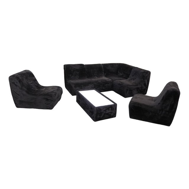 Modular Plush Fabric Sofa Set with Table, 1970s, Set of 7 For Sale