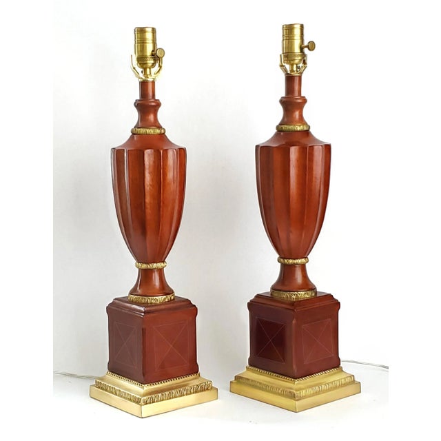 Wood Lamp Pair Mahogany Brass & Shades For Sale - Image 7 of 12