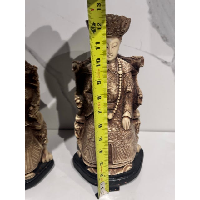 Chinese Pair of Antique Chinese Emperor & Two Empress Carved Oriental Figurines - For Sale - Image 3 of 12