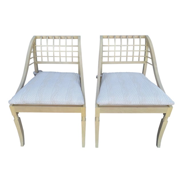 John Saladino Lattice Wood Framed Sleigh Chairs - A Pair For Sale
