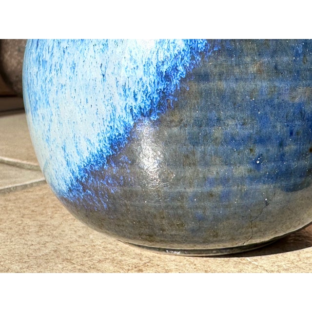 Studio Ceramic Spherical Vase with Blue Flowing Glaze, Germany, 1970s For Sale - Image 11 of 15