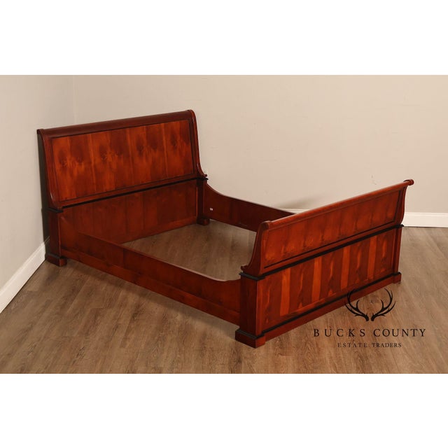 Elegant Century Furniture queen-size sleigh bed crafted in the Biedermeier style, featuring richly figured cherry Finish,...