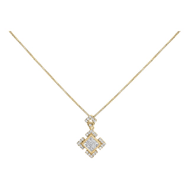 10K Yellow Gold 3/8 Cttw Princess Diamond Geometric Pendant Necklace For Sale