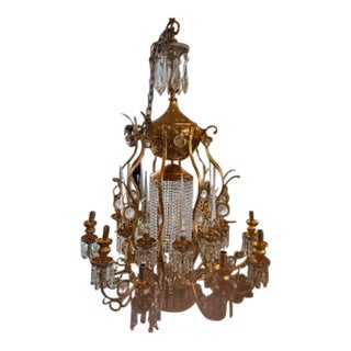 1970s Tall 21 Light Large Brass & Glass Chandelier For Sale