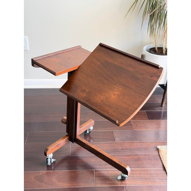 1970s Scandinavian Modern Danish Modern Rosewood Rolling Tray Table Adjustable MCM Laptop Side Table For Sale In Los Angeles - Image 6 of 10