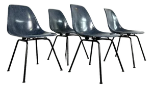 Authentic Designers Charles & Ray Eames / Herman Miller Many Blue Fiberglass Shell Dining Chairs on H-Bases - Set of 4