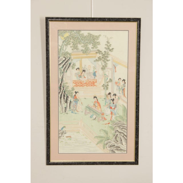 Quality Custom Framed Asian Print of Women Playing Instruments in a Courtyard
