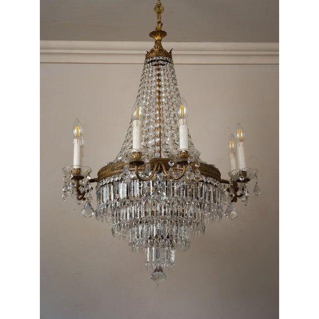 Italian Empire Style 12-Light Chandelier in Brass, Crystal and Cut Glass, 1940s For Sale - Image 6 of 15
