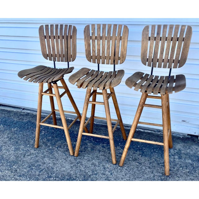 1950s Swivel Counter Stools Wood Slat in the Style of Arthur Umanoff- Set of 3 For Sale - Image 6 of 7