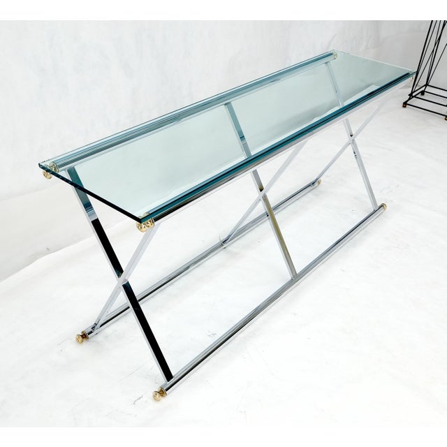 Maison Jansen Chrome X Base Glass Top 67" Long Console Sofa Table Mid Century Modern c1970s For Sale - Image 4 of 13