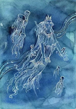 Blue and White, "Sea Posse 3" Contemporary Monochromatic Watercolor Painting