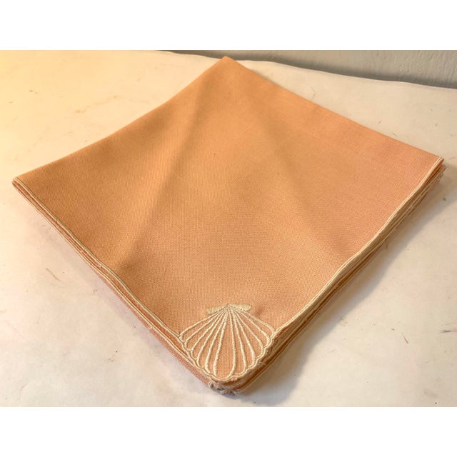 Coastal Salmon Dinner Napkins With Embroidered Shell Design - Set of 4 For Sale - Image 3 of 4