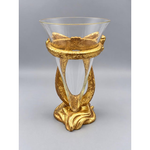1996 Gold Gilt Bow Pedestal Glass Vase For Sale - Image 4 of 6