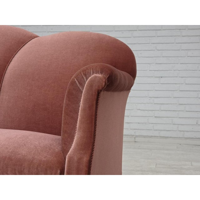 Wood Vintage Danish Two-Seater Sofa in Salmon Pink Furniture Velour, 1950s For Sale - Image 7 of 18