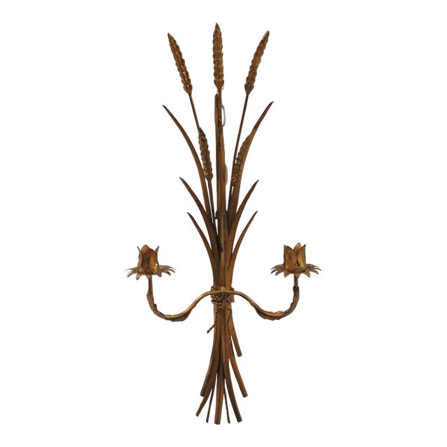 Vintage Florentine Gilt Metal " Sheaf of Wheat" Tole Wall Candle Sconce For Sale