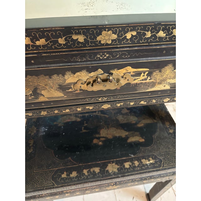 Chinoiserie Vintage Chinoiserie Black Lacquer Folding Dressing Table/Vanity With Original Mirror and Matching Stool, 2 Pieces For Sale - Image 3 of 10