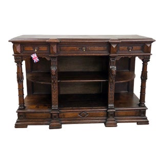 Oak Antique Jacobean Style Walnut Buffet With Ornate Carved Legs, Drawers, & Open Shelving For Sale