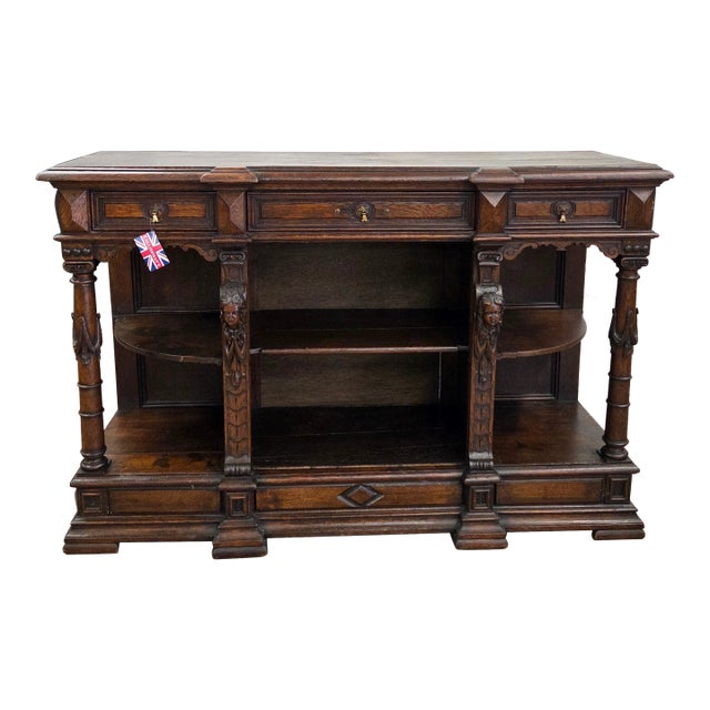Oak Antique Jacobean Style Walnut Buffet With Ornate Carved Legs, Drawers, & Open Shelving For Sale