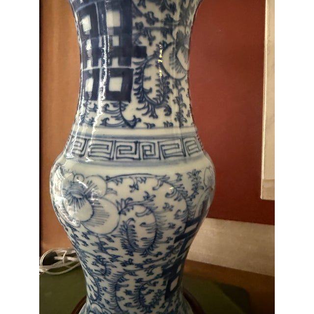 Chinoiserie Vintage Blue and White Double Happiness Lamps Chinoiserie Decor - A Pair For Sale - Image 3 of 12
