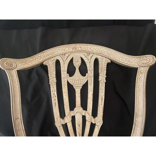 Exquisite Hepplewhite Neoclassical Style Intricate Shield Back Dining Chairs with Custom Upholstered Seats. They are...