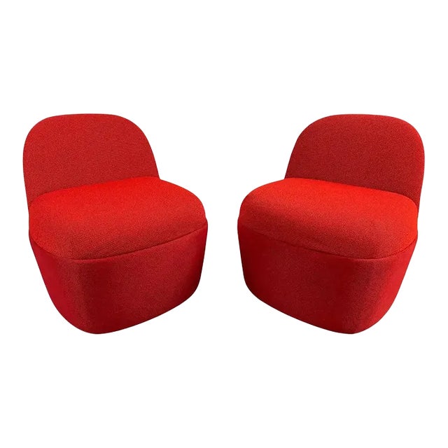 Modern Studio Tk Custom Red Knit Fabric Slipper Chair or Pouf With Back, a Pair For Sale