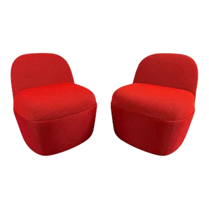 Modern Studio Tk Custom Red Knit Fabric Slipper Chair or Pouf With Back, a Pair