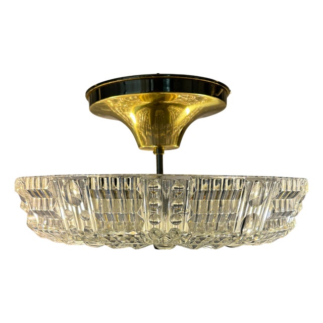 Crystal Glass Hanging Lamp with Brass Elements attributed to Carl Fagerlund for Orrefors, 1960s For Sale