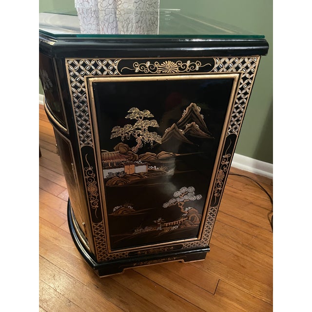 VIntage Petite 19" Hand-Painted Gilt Chinoiserie "Shan Shui" Demilune Cabinet For Sale - Image 4 of 13
