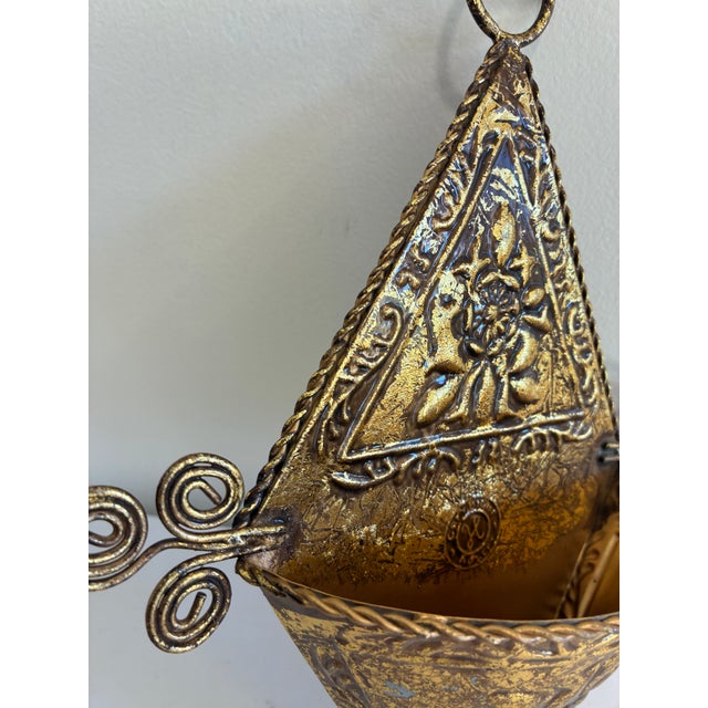 Mid-Century Modern Vintage Gold Embossed Floral Metal Wall Pocket For Sale - Image 3 of 9