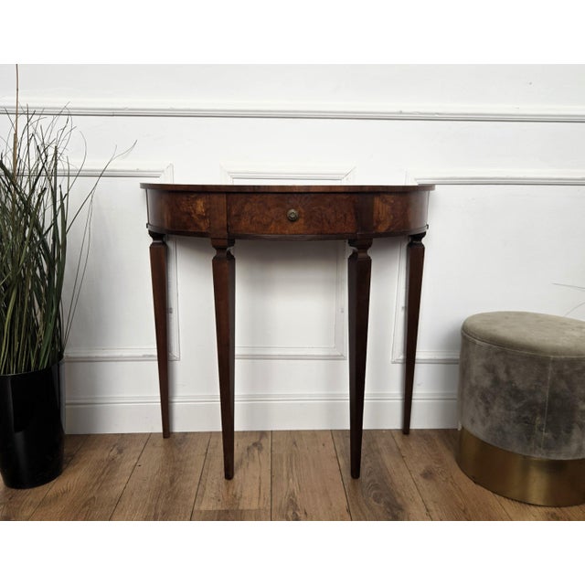 Brown Mid-Century Italian Regency Demi Lune Burl Wood Veneer Wall Console Side Table, 1960s For Sale - Image 8 of 9
